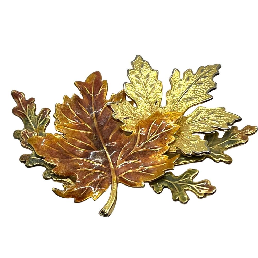 Leaves Enamel Brooch Pin Autumn Fall Colors Maple Leaf Copper Gold Tone Green